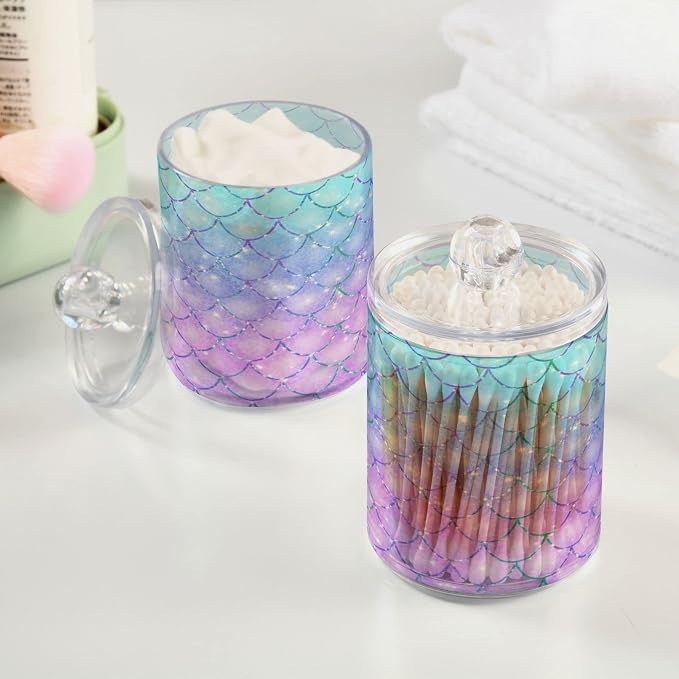 MNSRUU 2 Pack Qtip Holder Organizer Dispenser Pink Blue Mermaid Scales Bathroom - Image 5