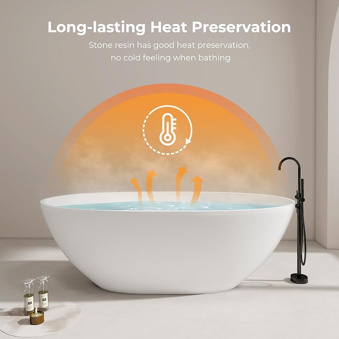 Upgraded 65" Solid Surface Freestanding Bathtub, Oval Stone Resin Tub - Image 7