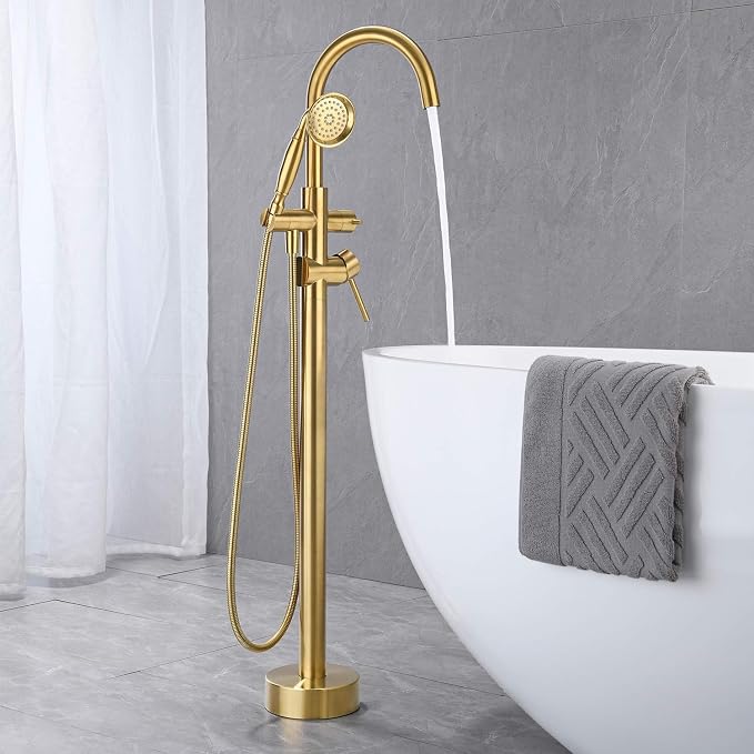 Tub Filler Freestanding Bathtub Faucet Brushed Gold Floor Mounted Brass - Image 3