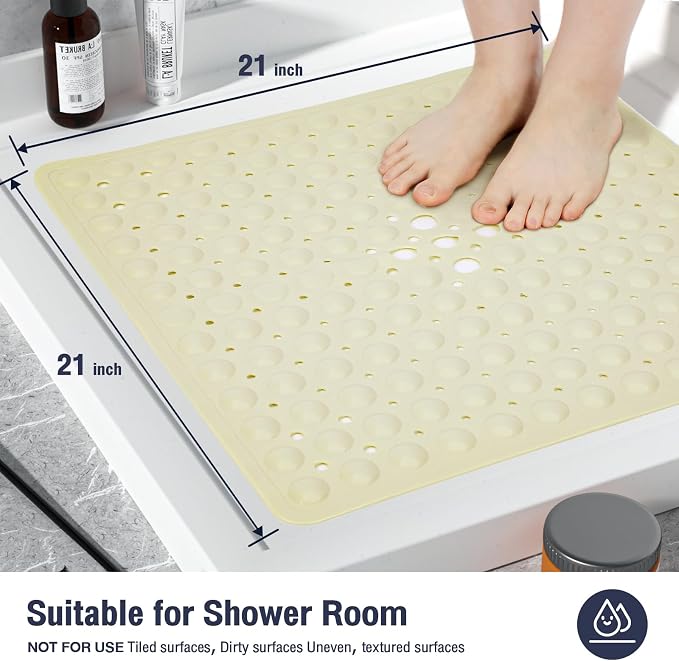 Beige Square Shower Bathtub Mat Non Slip 21x21 Inch, Soft Bath Mat - Image 5