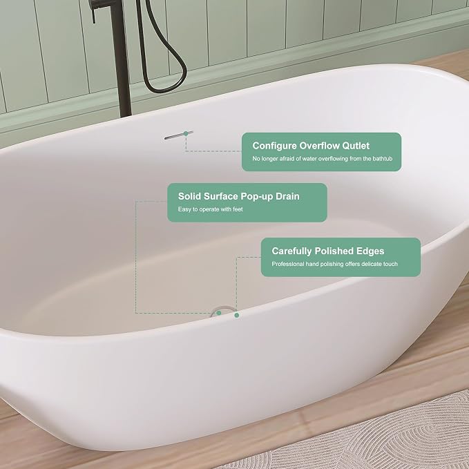 SJ STAR&JANE 55" Solid Surface Freestanding Bathtub Stone Resin Tub Oval Double - Image 6