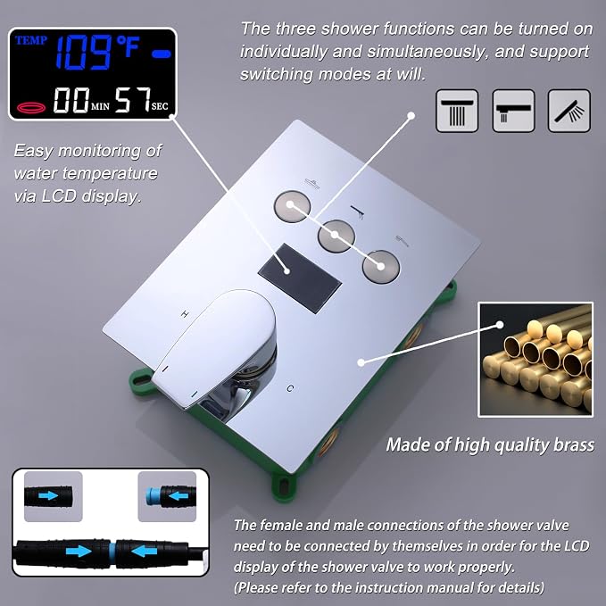 Rain Shower System Polished Chrome 3 Way Digital Display Shower Faucet System - Image 3