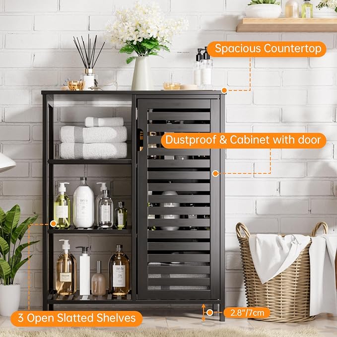 HITNET Black Bathroom Cabinet, Freestanding Storage Cabinet Bamboo Kitchen - Image 6