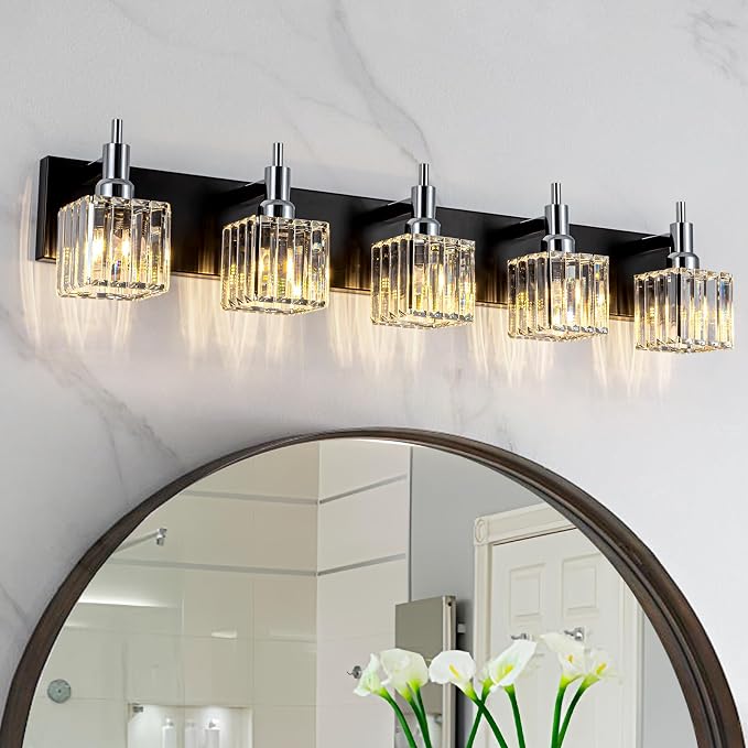 Black Chrome Bathroom Vanity Lights, 5 Lights Modern Crystal Bathroom Lighting by HUOKU