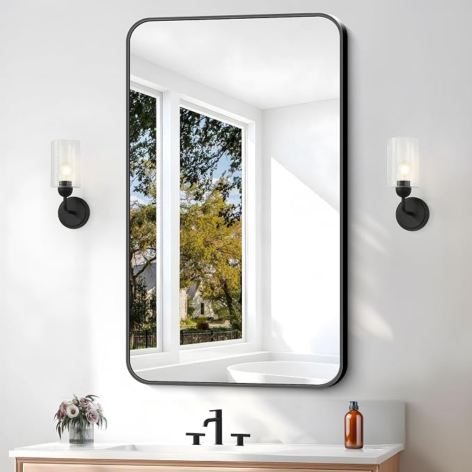 BONEWEI 24x40 inch Bathroom Mirror, Wall Mounted Bathroom Frame Vanity Mirror by BONEWEI