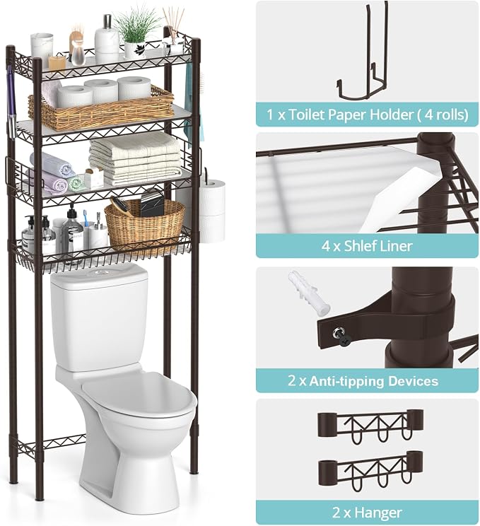 4-Tier Over Toilet Storage Shelf, Bathroom Organizer - Image 6