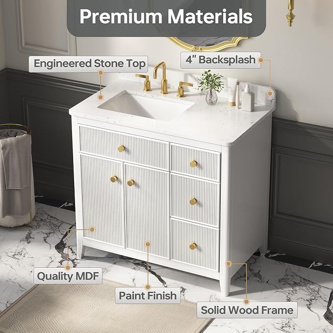 36 Inch Bathroom Vanity with Sink, Undermount Single Sink Vanity with - Image 3