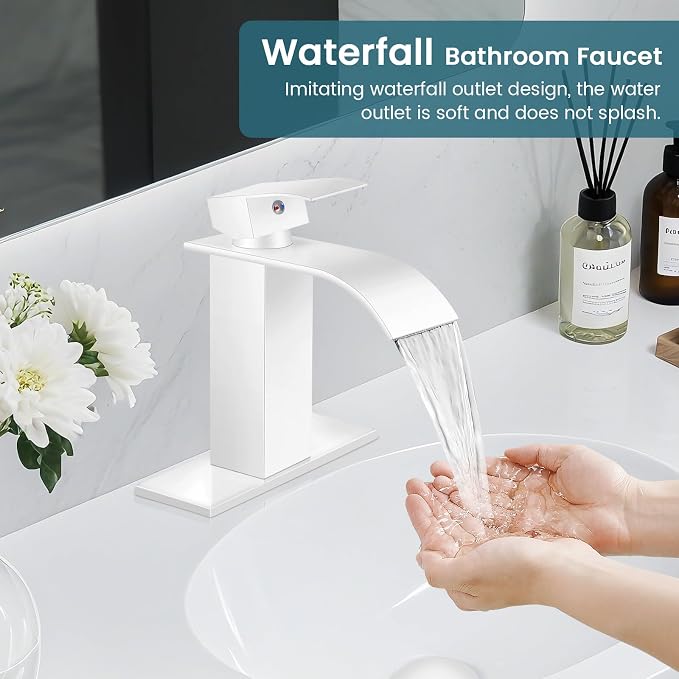 Bathroom Faucets White Waterfall Bathroom Sink Faucet Modern Single Handle - Image 4
