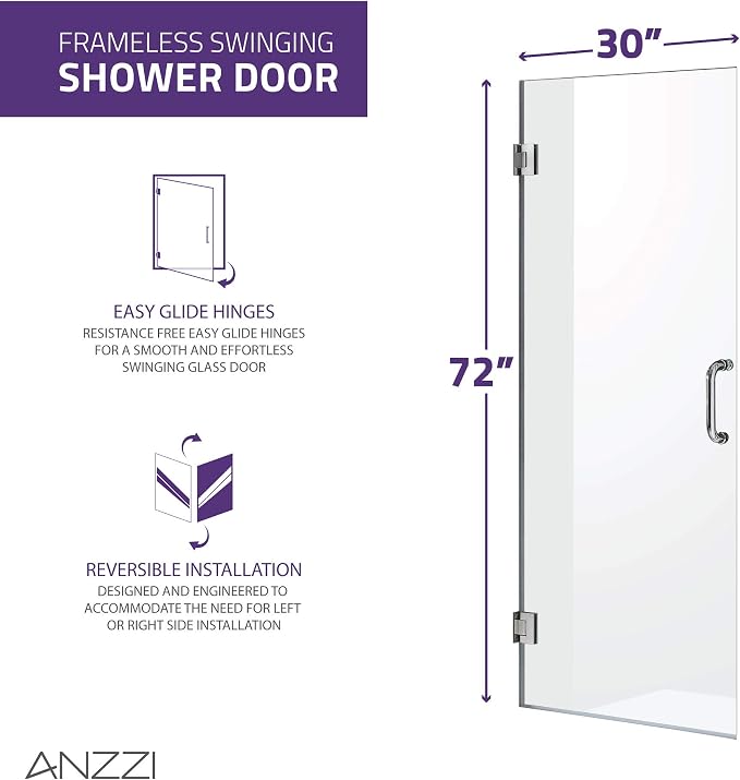 ANZZI 72" x 30" Frameless Shower Door in Matte Black, Water Repellent Glass - Image 2