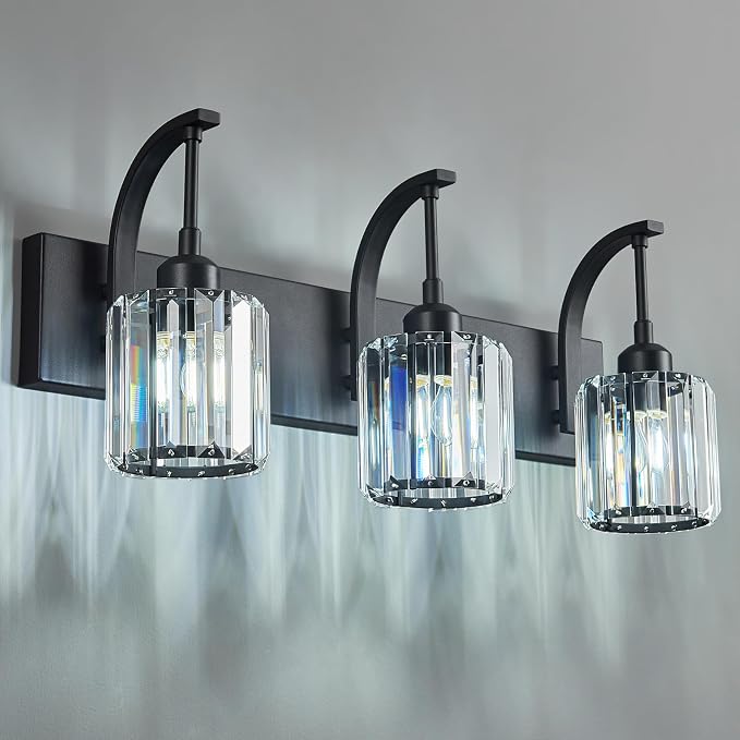 3-Light Crystal Vanity Light, Modern Black Bathroom Wall Sconce by FDPBY