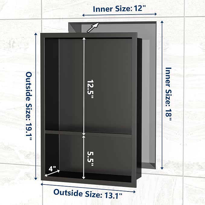 Stainless Steel Shower Niche 18" X 12", No Tile Needed Wall Niche Double Shelves - Image 3