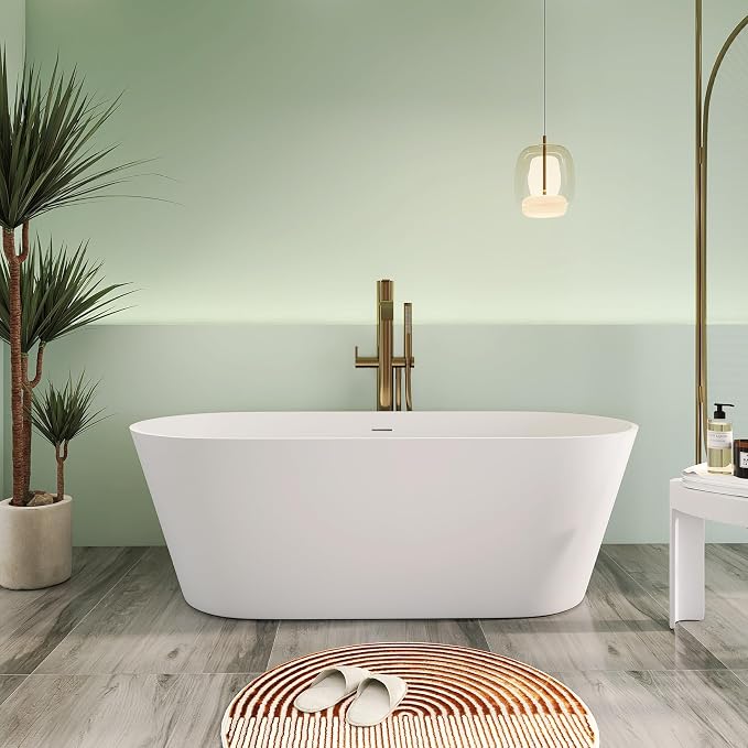 67" Premium Solid Surface Freestanding Bathtub, Upgraded Oval Stone Resin by HIGEINE
