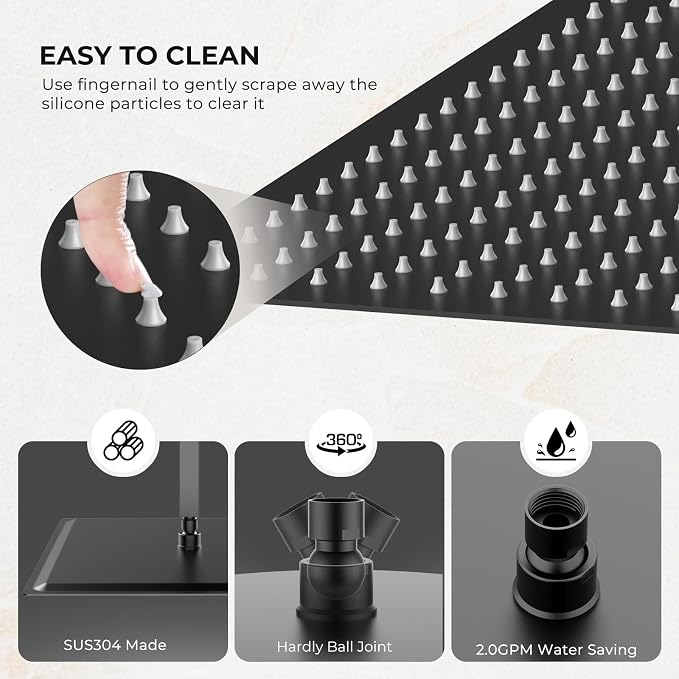 Rain Shower Head, High Flow Stainless Steel Square Rainfall Shower, Waterfall - Image 5