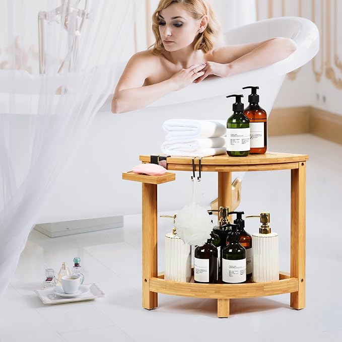 Ollieroo 2-Tier Bamboo Corner Shower Stool - Image 6