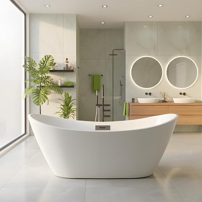 Freestanding Bathtubs 59 Inch Acrylic Soaking Tub, Oval White Stand Alone by Homfan