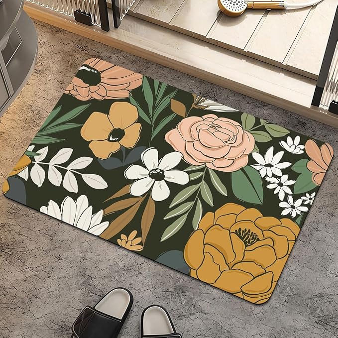 Bath Mat Rug, Vintage Large Floral Non Slip Quick Dry Super Absorbent Thin by ZHUZHISHAN