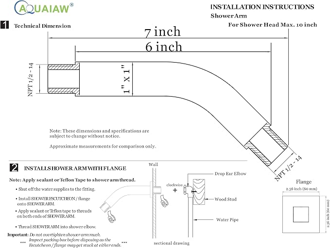Aquaiaw Square Shower Arm and O-Ring Flange, 6 inch, Solid Brass, Both Soldered - Image 6
