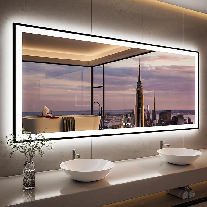 ISKM Framed LED Mirror for Bathroom 88"x38", Dimmable LED Bathroom Mirror by ISKM-IStillKeepMovin