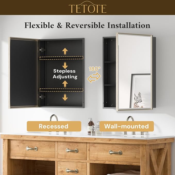 TETOTE Brushed Nickel Medicine Cabinet 24" x 30" Bathroom Mirror - Image 9