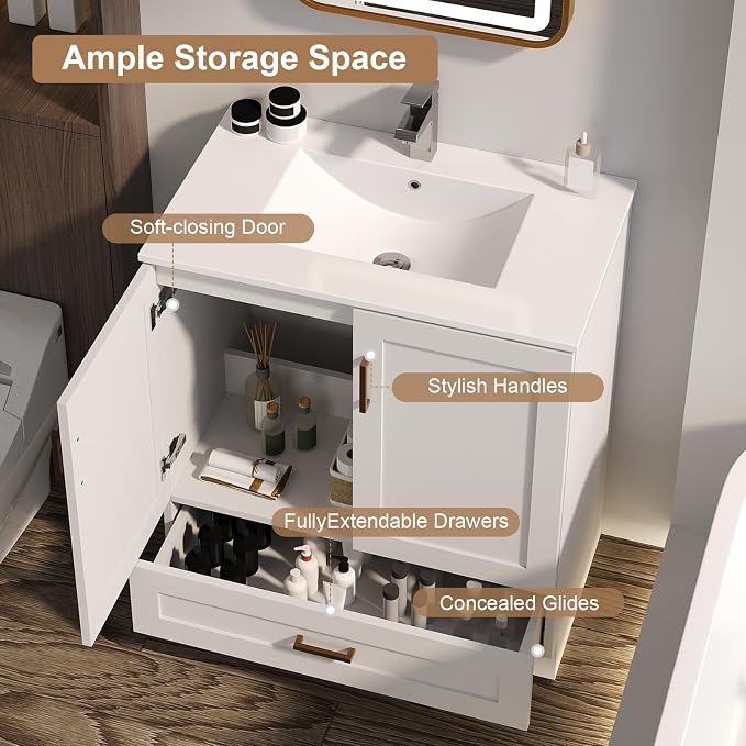 30 inch Bathroom Vanity with Sink, Modern White Vanity - Image 5