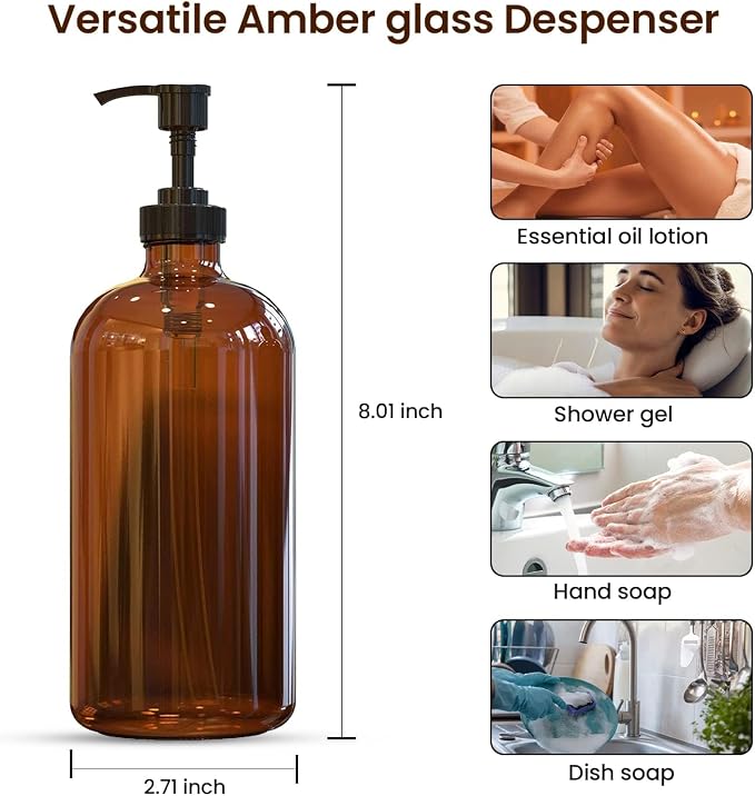 16 OZ Thick Amber Glass Soap Dispenser - Image 3