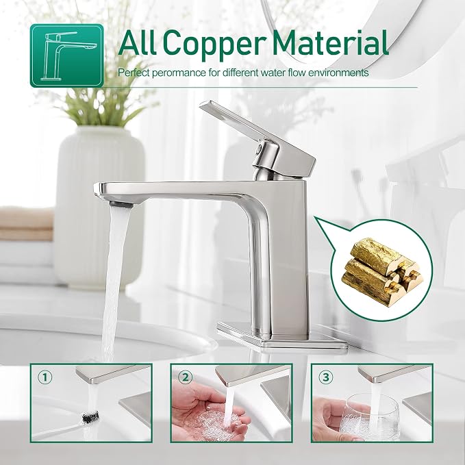 VOTON Brass Bathroom Faucet, Brushed Nickel Finish, Single Handle, 1 or 3 Hole - Image 3