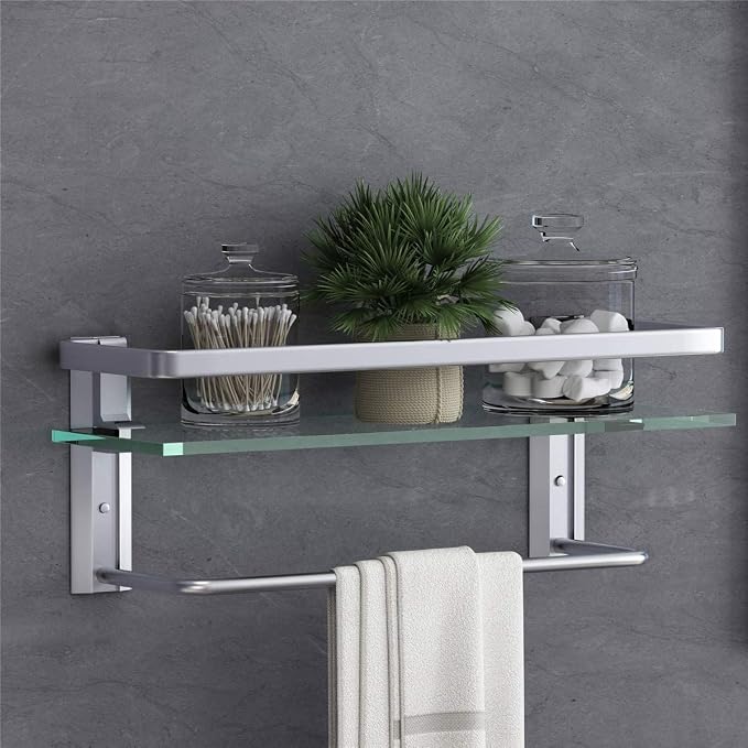 VOLPONE Glass Shelf with Towel Bar 15.7in Silver Bathroom Shelf Wall Mount by VOLPONE