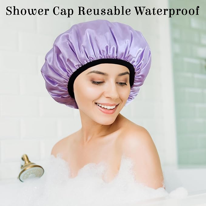Shower Cap Reusable Waterproof, Terry Lined Shower Caps - Image 3