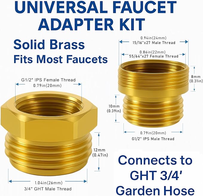 Shower Hose Adapter and Faucet Adapter Kit, Brass G1/2" Female, 55/64"-27 Female - Image 2