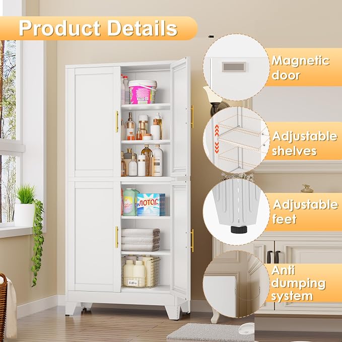 75" Tall Metal Kitchen Pantry Storage Cabinet, Freestanding Cupboard - Image 4