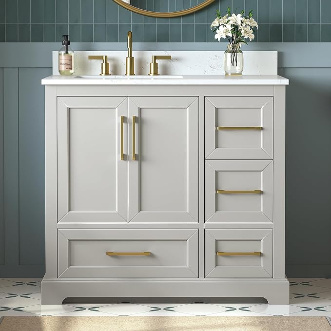 36 Inch Bathroom Vanity with Sink Combo, Solid Wood Frame with Mable Top by DELUXELIVING