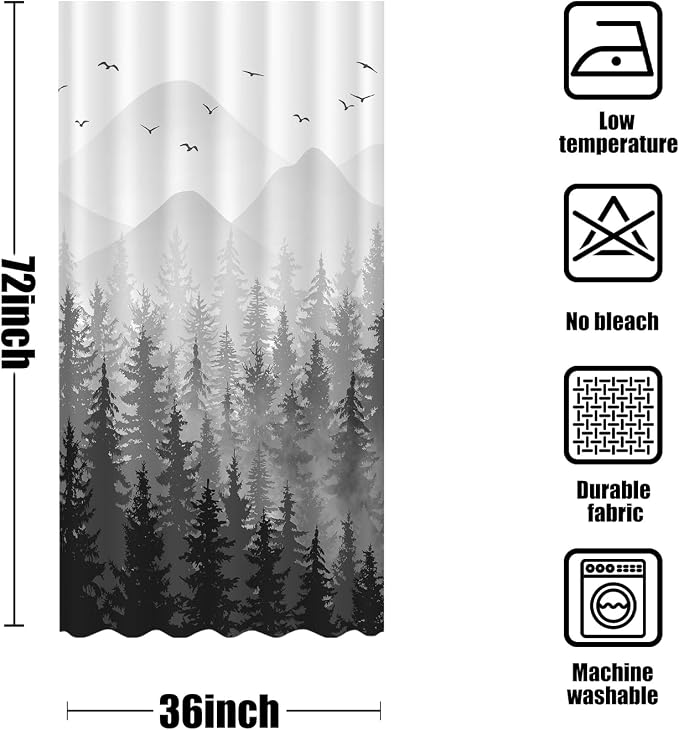 Aipon Black Misty Forest Shower Curtain Gray Ombre Nature Tree Plants Shower - Image 7