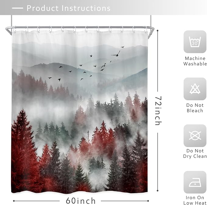 Riyidecor Red Black Mountain Shower Curtain 60Wx72H Inch Nature Woods Scenery - Image 4