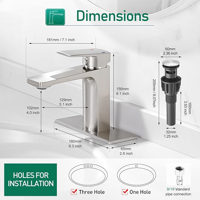 VOTON Brass Bathroom Faucet, Brushed Nickel Finish, Single Handle, 1 or 3 Hole - Image 6