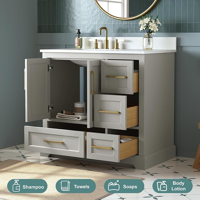 36 Inch Bathroom Vanity with Sink Combo, Solid Wood Frame with Mable Top - Image 7