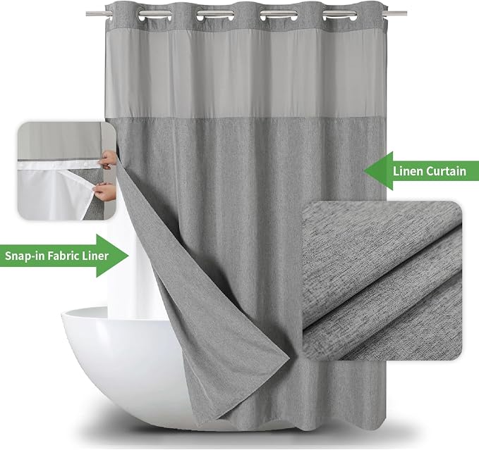 Extra Long No Hooks Needed Linen Textured Shower Curtain - Image 2