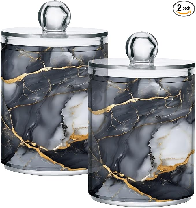 MNSRUU 2 Pack Qtip Holder Organizer Dispenser Abstract Black White Gold Marble by MNSRUU