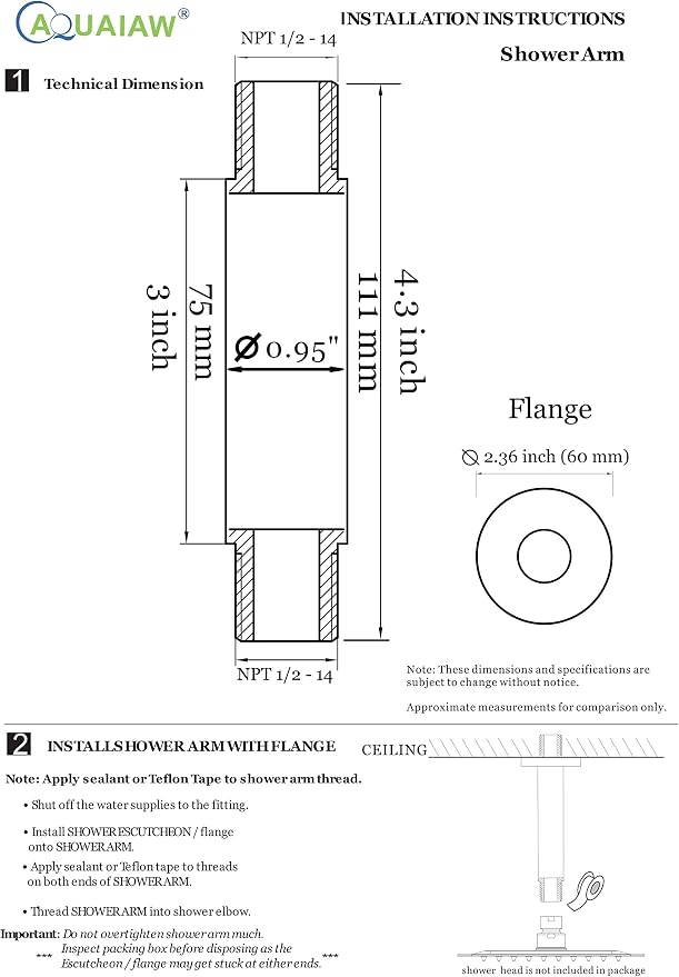 Aquaiaw Shower Arm and O-Ring Flange, 3 inch, Solid Brass, Both Soldered 1/2 - Image 6