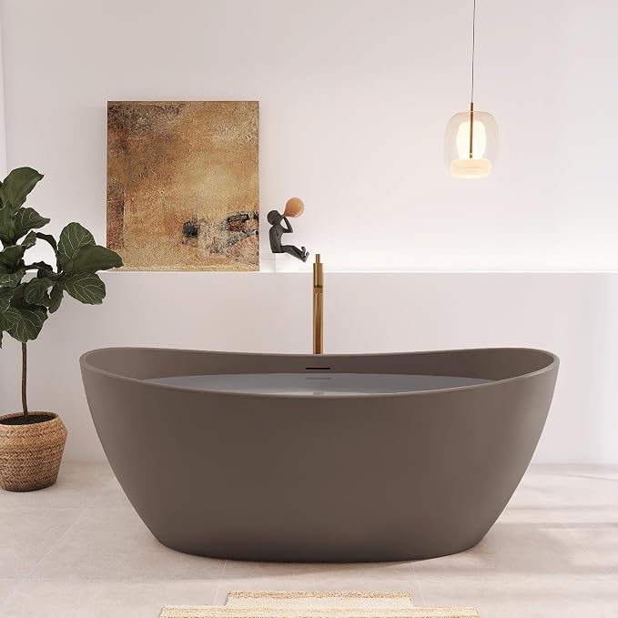 65" Premium Solid Surface Freestanding Bathtub, Contemporary Design Stand Alone - Image 5