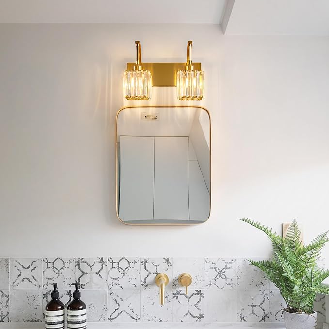 Crystal Vanity Lights 2-Light Gold Wall Lamp Modern Crystal Bathroom Light - Image 8