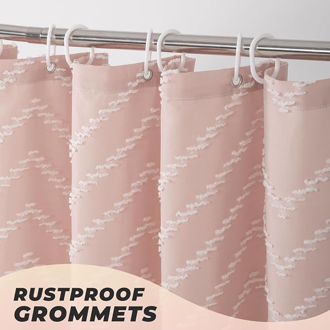 Long Blush Pink Boho Shower Curtain Cute Shower Curtain Textured Tufted Chevron - Image 5