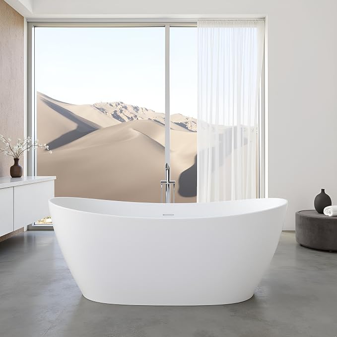 55'' High-back Freestanding Solid Surface Resin Stone Bathtub, Freestanding Tub - Image 8