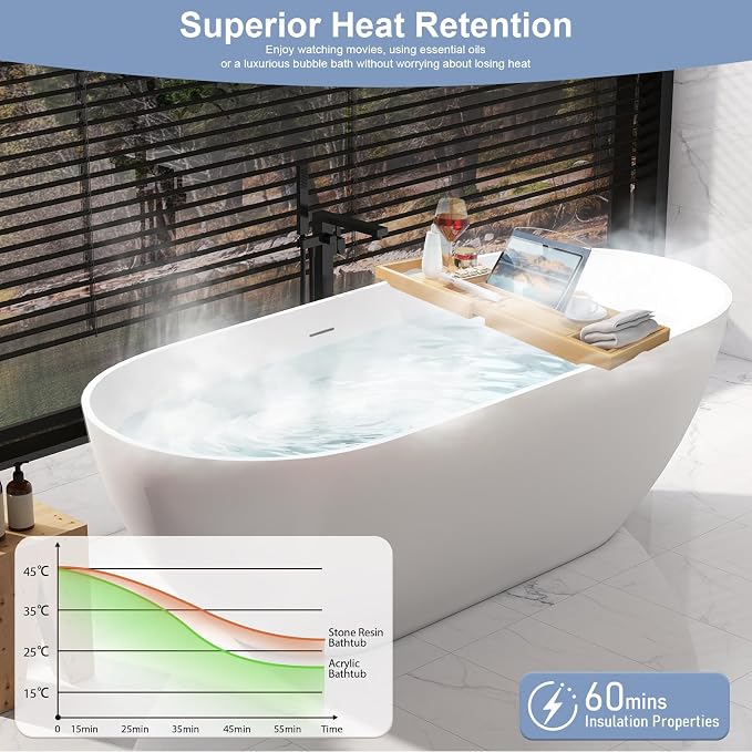 59 Inch Solid Surface Freestanding Bathtub, Oval Shaped Soaking Stone Resin - Image 2