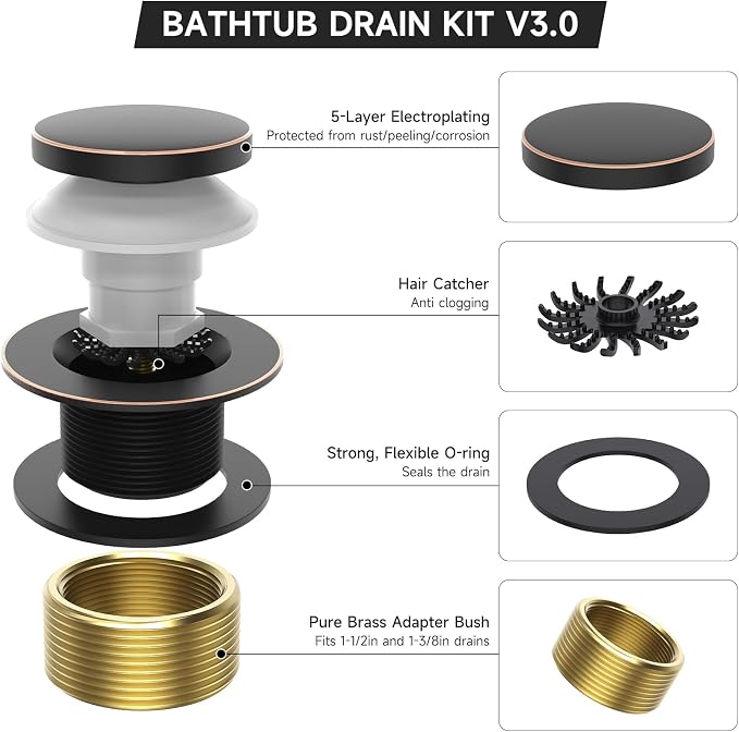 Tub Drain Kit, Tip-Toe Bathtub Drains and Overflow Kit, Bathroom Bath Tub Drain - Image 2