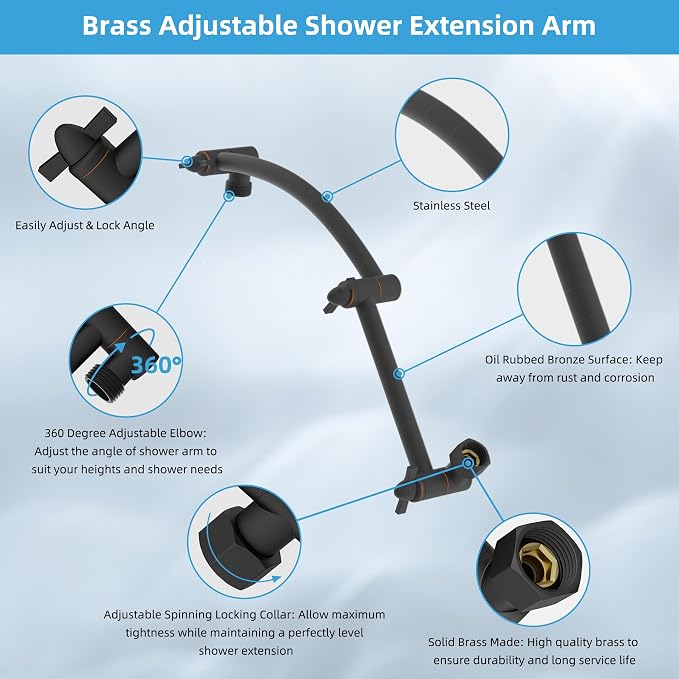 Hibbent All Metal cUPC Certified Rain Shower Head, Brass Adjustable Shower Arm - Image 2