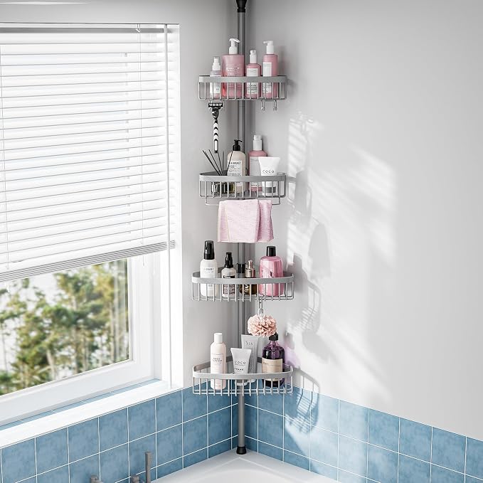 Corner Shower Caddy Tension Pole: Stainless Steel Rustproof 4-Tier Shower by ESSEMELLC
