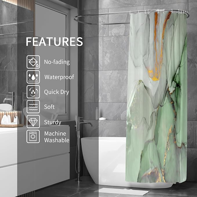 Gibelle Abstract Marble Shower Curtain, Sage Green Jade Texture Gold Stripes - Image 2