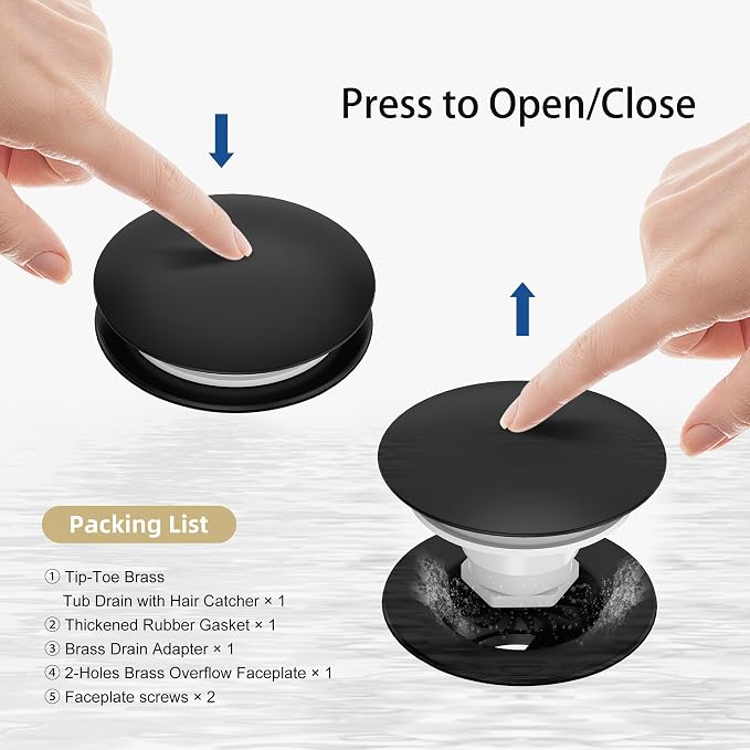 Matte Black Tub Drain Kit with Hair Catcher, Premium Brass Mushroom Tip-Toe - Image 5