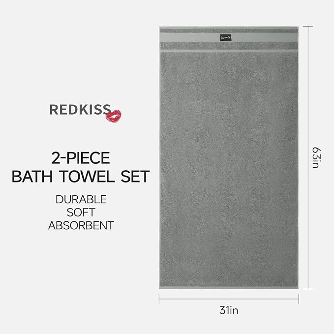 REDKISS Large Bath Towels Set 2 Piece, 100% Cotton, 31x63 in, Heavyweight 760GSM - Image 2