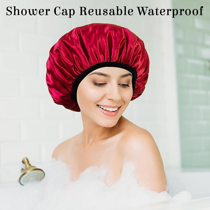 Shower Cap Reusable Waterproof, Terry Lined Shower Caps - Image 3